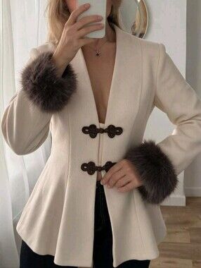 Women's Elegant Jacket With Frog Button Placket And Faux Fur Cuffs